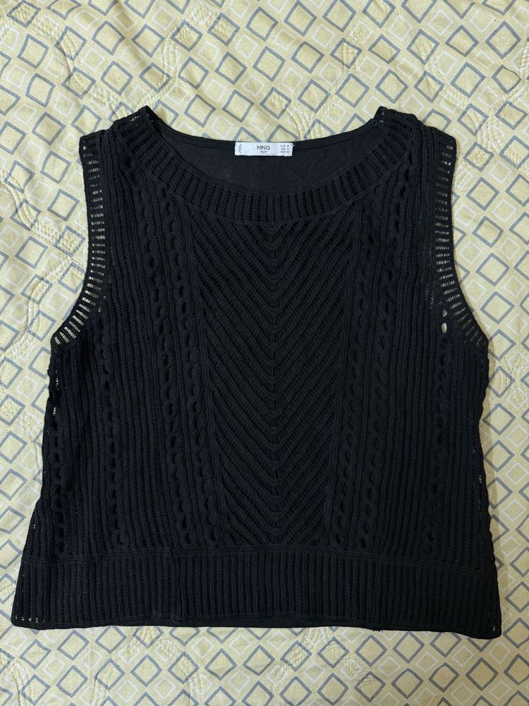 Black Crochet Knit Sleeveless Top
