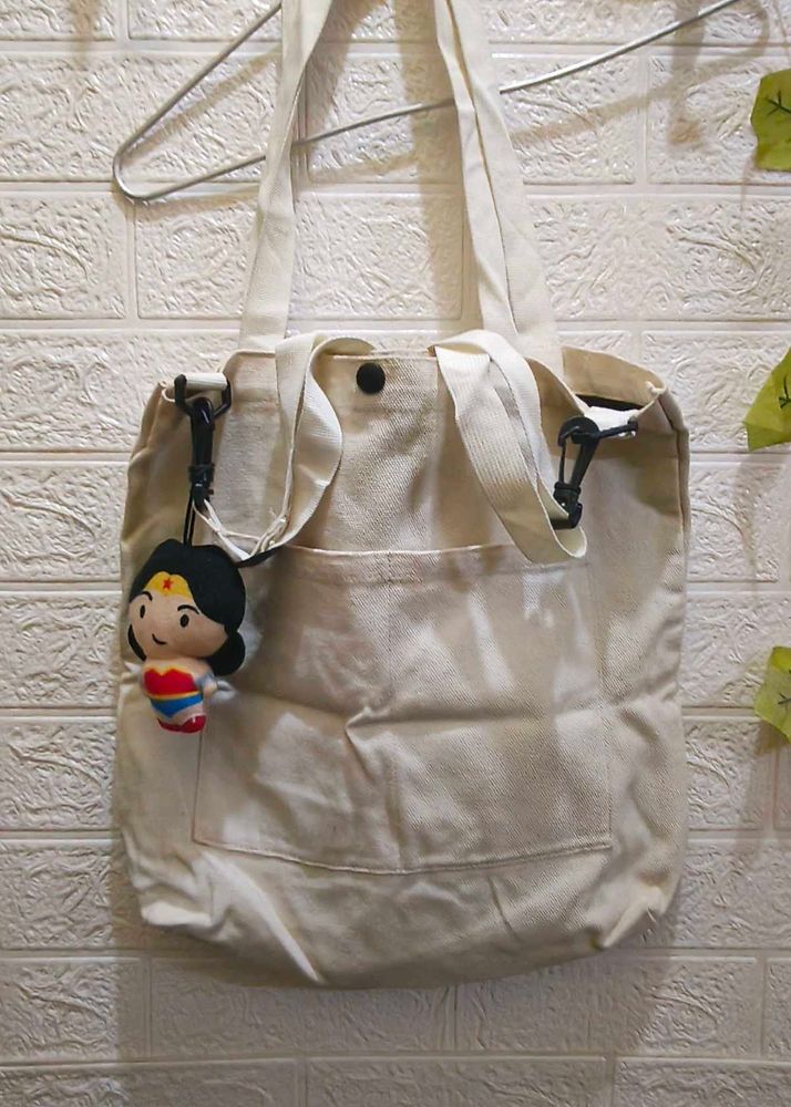 Cream Canvas Tote Bag with Wonder Woman Charm