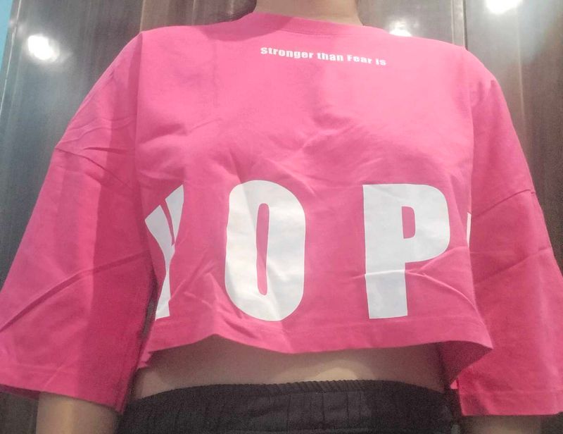 Pink Cropped T-Shirt with Graphic Print