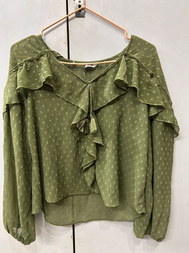 Olive Green Ruffled Blouse