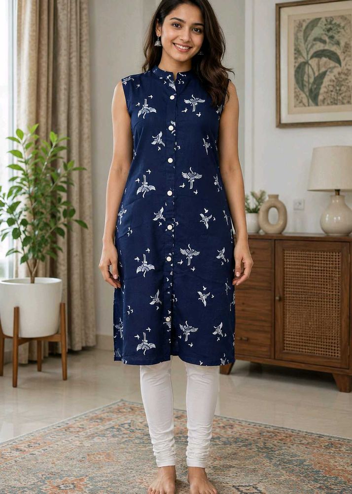 Navy Blue Bird Print Sleeveless Kurta