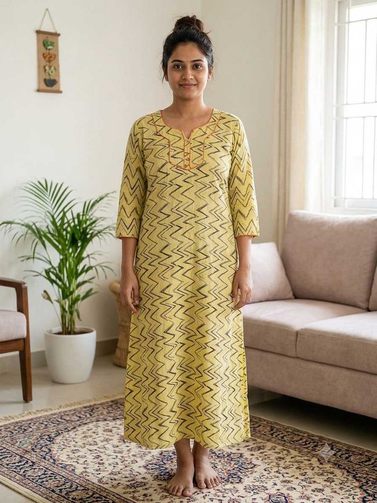 Yellow Zigzag Print Cotton Kurta