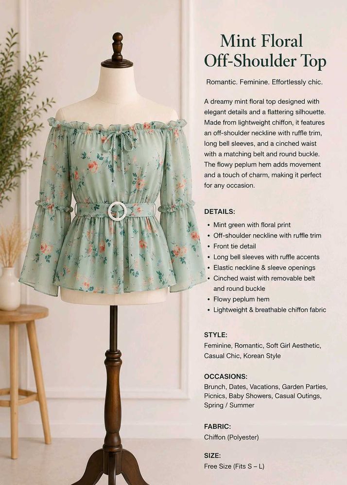 Mint Floral Off-Shoulder Chiffon Peplum Top