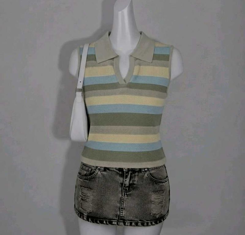 Striped Polo Collar Sleeveless Top