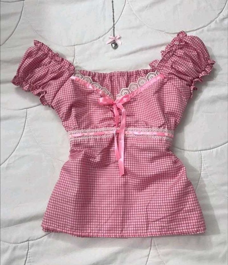 y2k Cute Pink Gingham Cottagecore Top