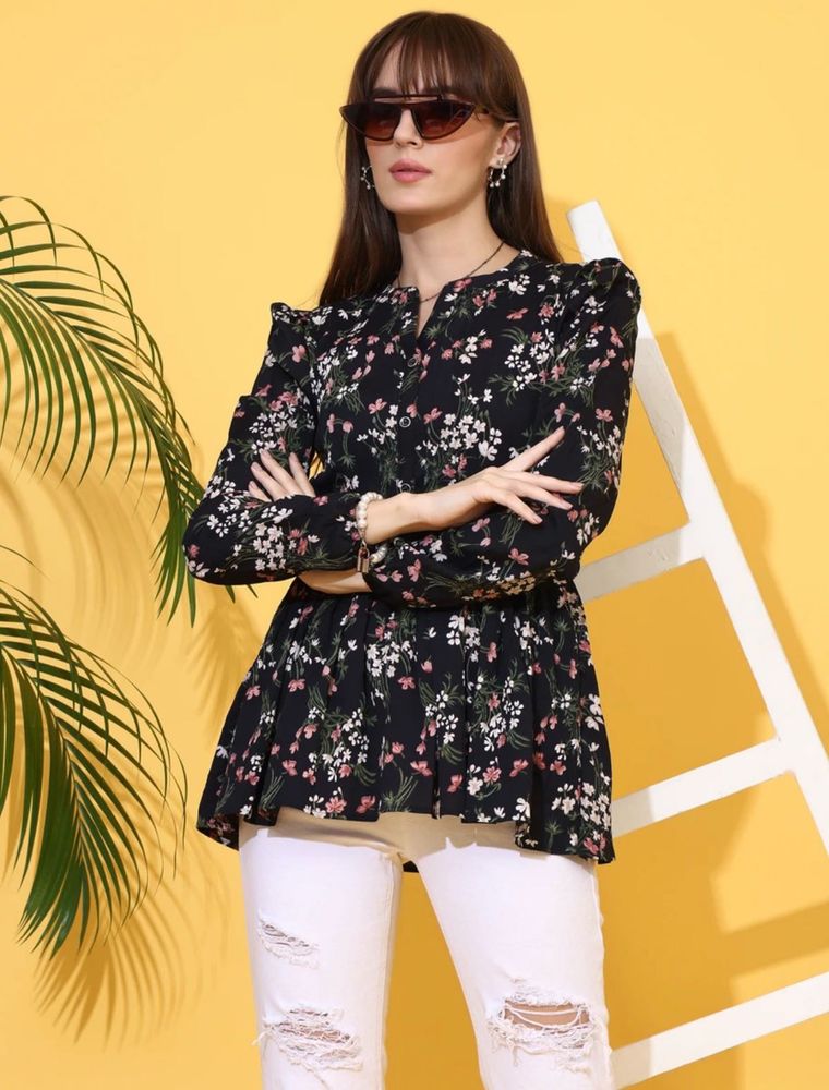 Chic Floral Print Peplum Top