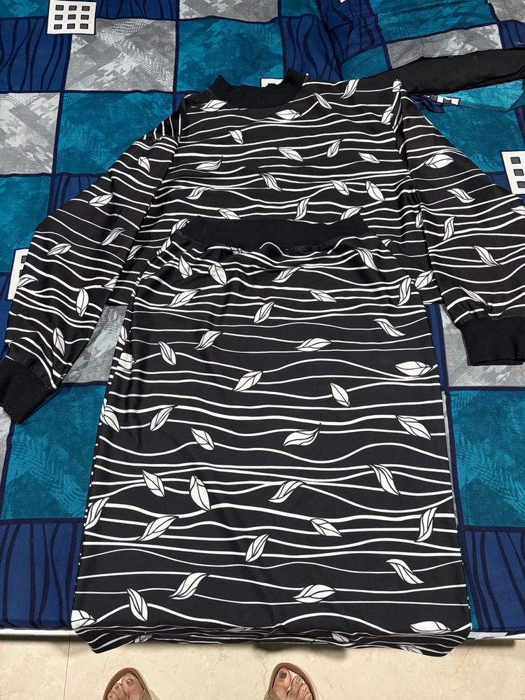 Stylish Black &amp; White Leaf Print Dress