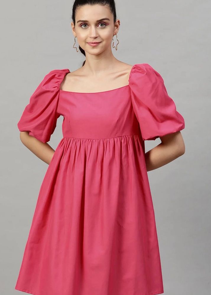 Dressberry Pink Puff Sleeve Square Neck Dress