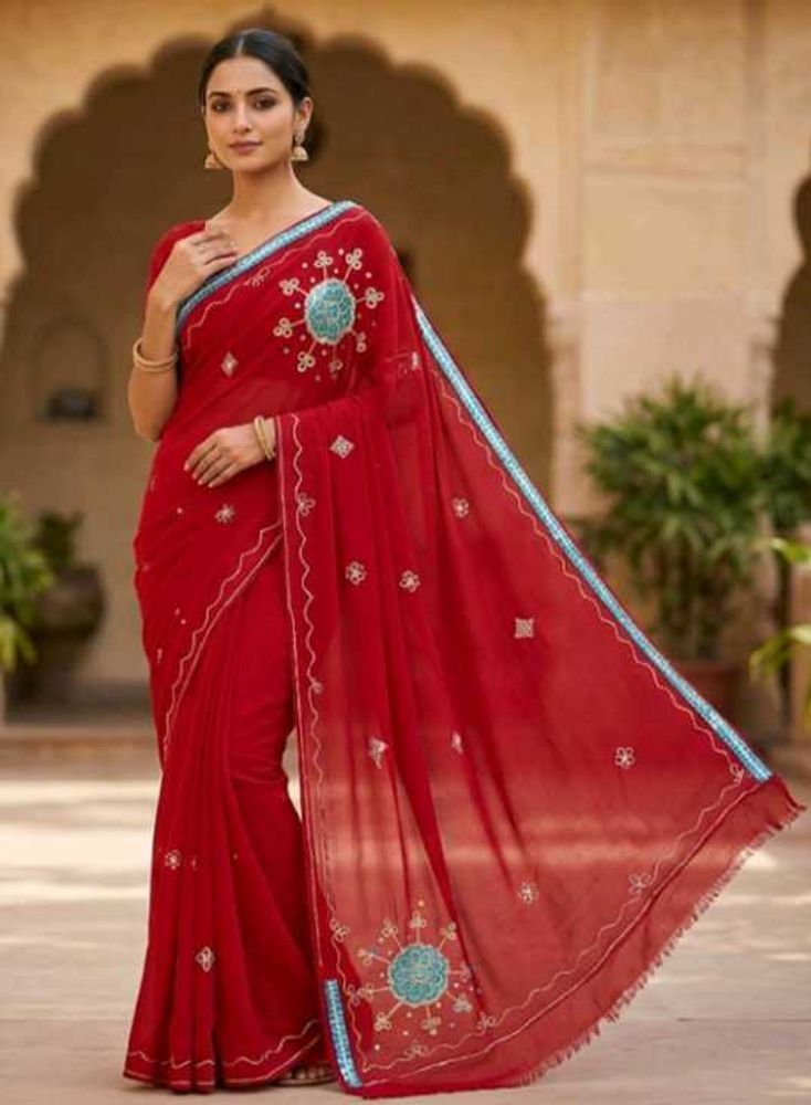 Beautiful Red Embroidered Saree
