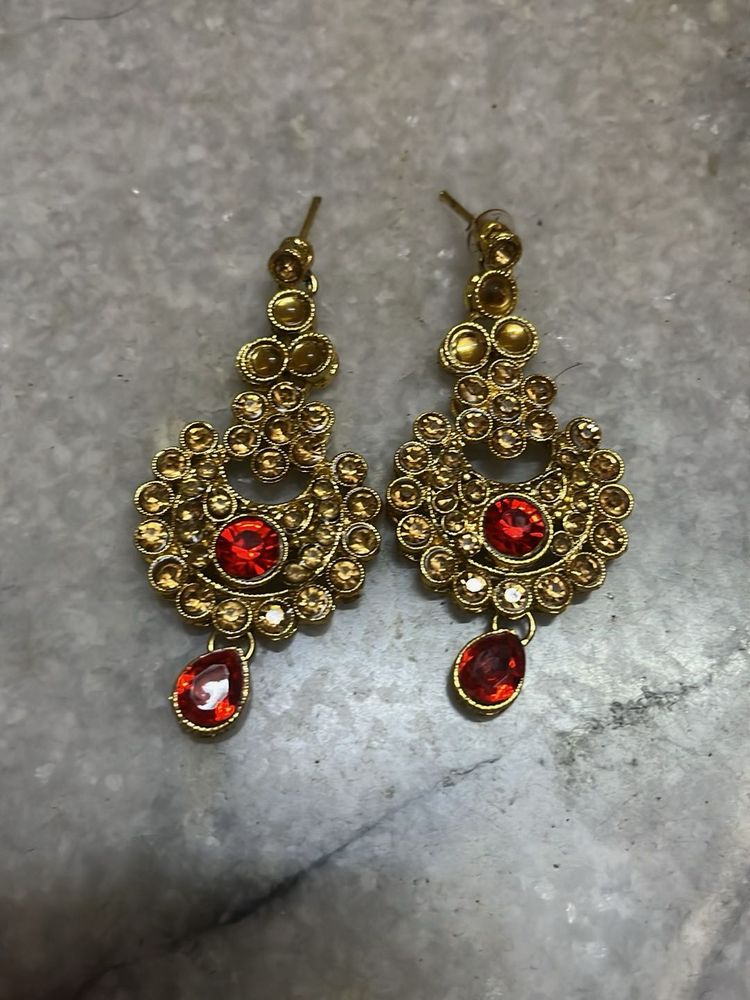Stunning Gold-Tone Red Stone Earrings