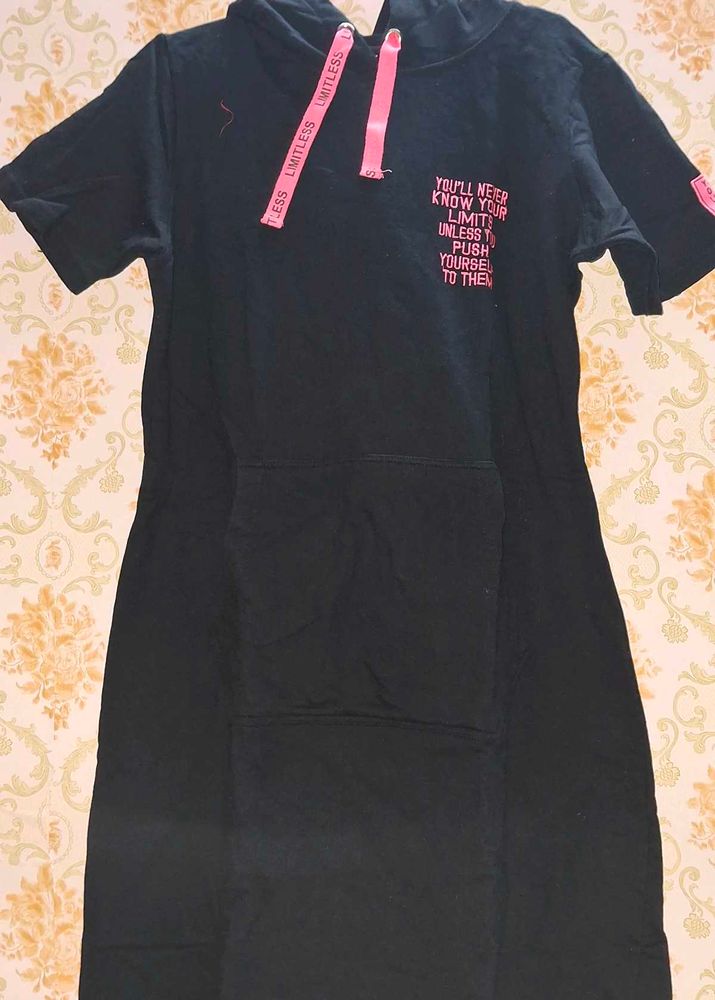 Black Hoodie Dress with Pink Accents