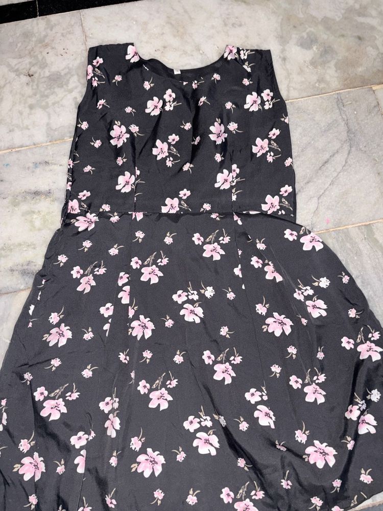 Black Floral Print A-Line Dress