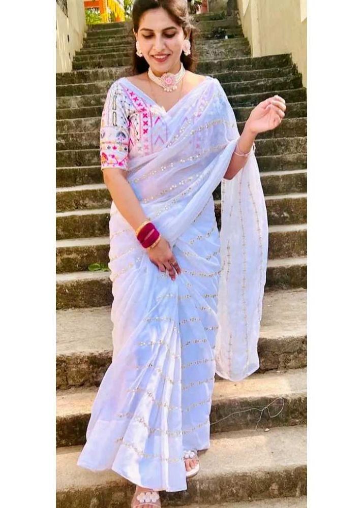 Elegant White Sequined Saree
