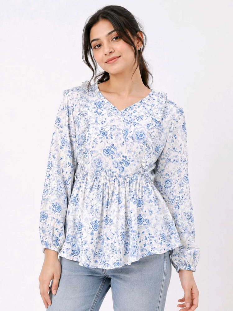 Blue Floral Print Peplum Top