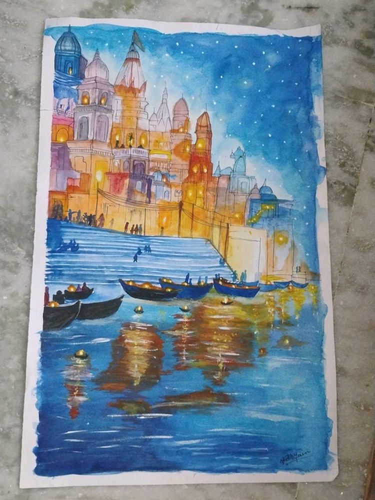 Vibrant Varanasi Ghats Watercolor Painting