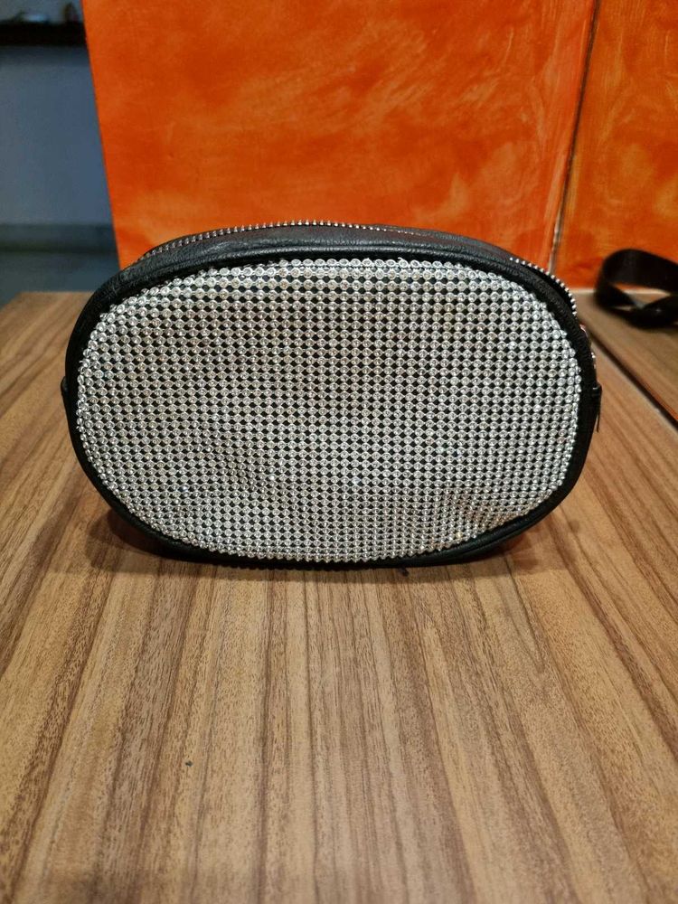 H&amp;M OVAL WAIST BAG FANNY POUCH BLING BLACK SILVER