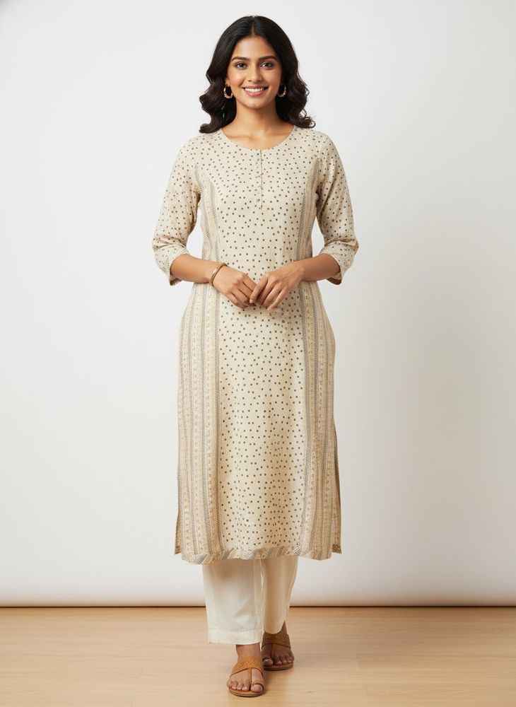 Beige Cotton Kurta with Polka Dots