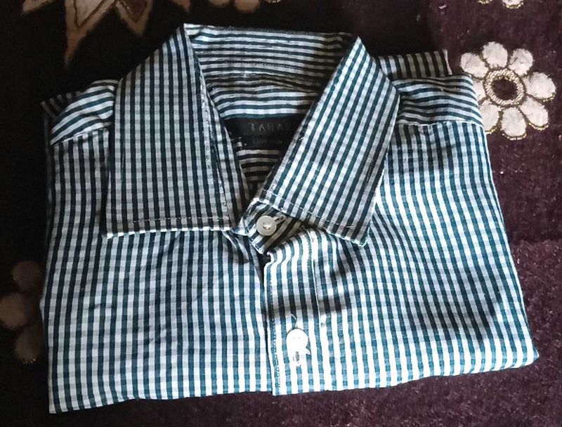 Zara Man Green Striped Button Down Shirts Half Sle