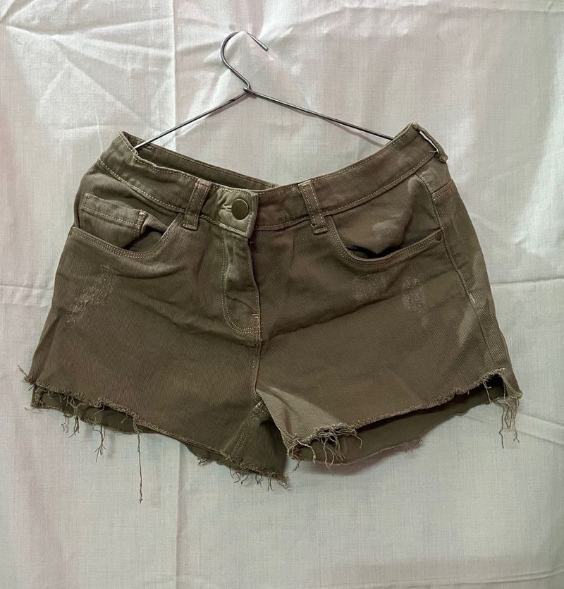 Olive Green Distressed Denim Shorts