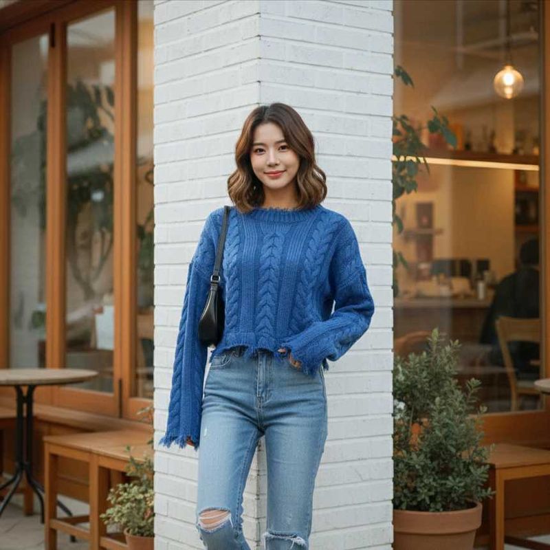 Fancy sleeves korean Blue Cable Knit Sweater