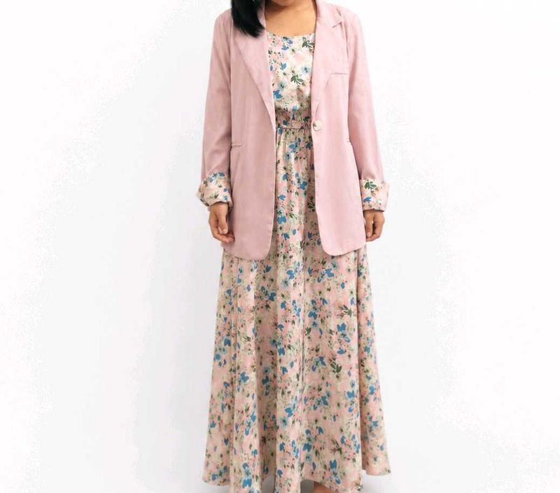 Chic Floral Maxi Dress with Pink Blazer