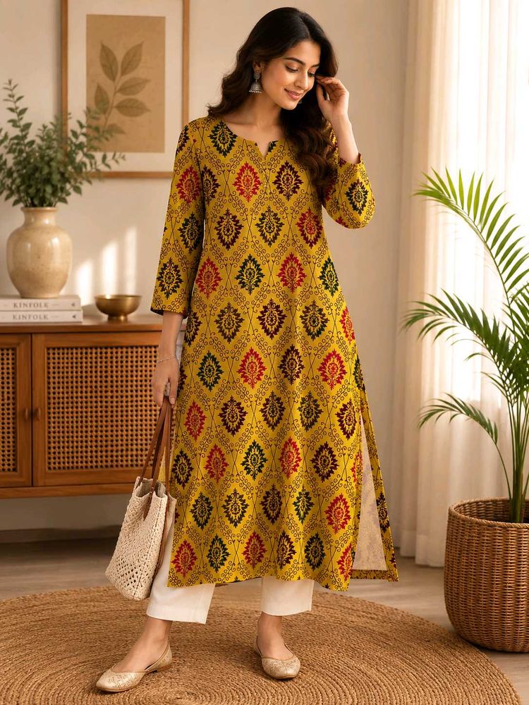 Vibrant Yellow Printed Kurta pant set