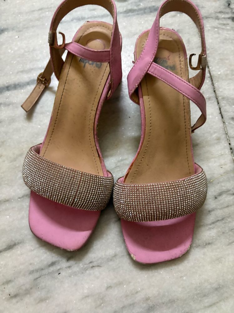 Sparkly Pink Block Heels Sandals