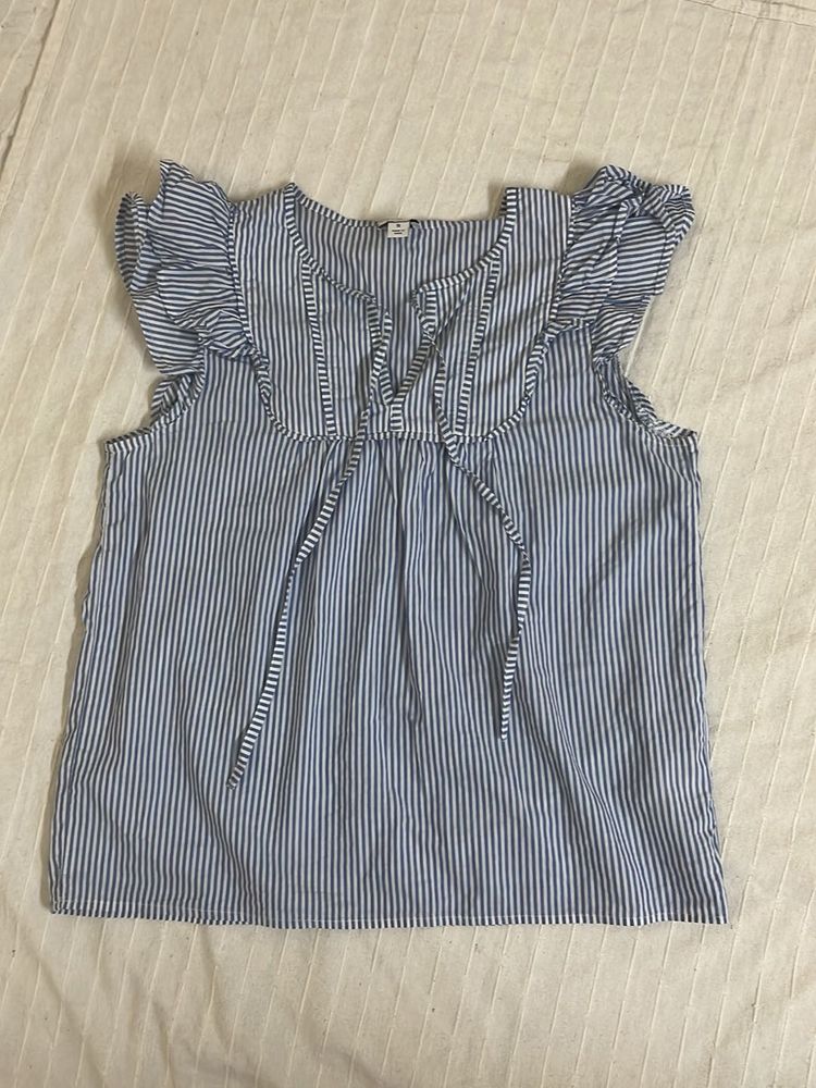 Blue Striped Ruffle Sleeve Top