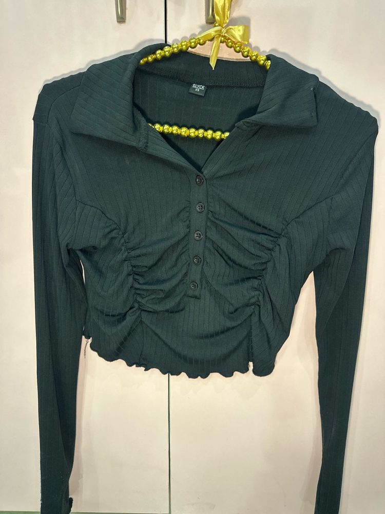 Women's Ruched Collared Long Sleeve Top