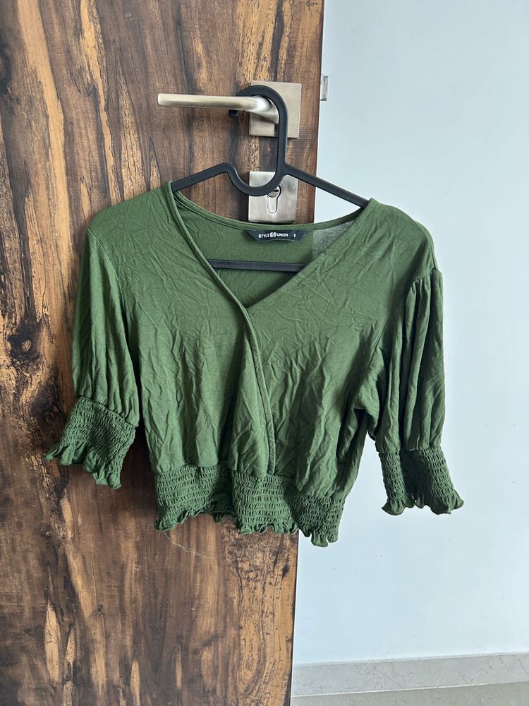 Green Smocked Cropped Top