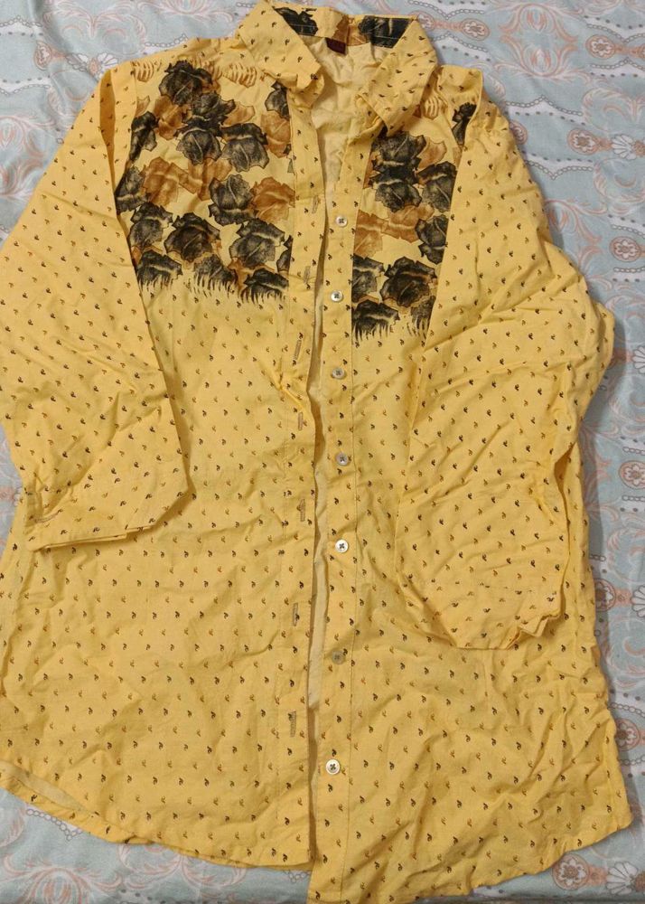 Yellow Floral Print Button-Up Shirt
