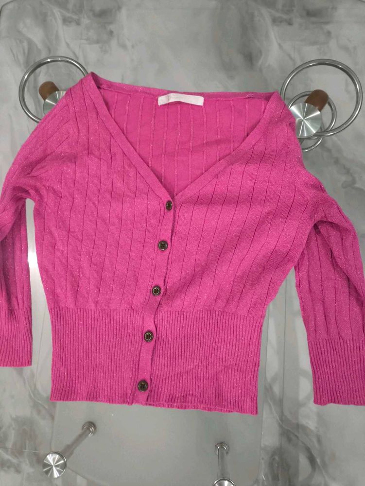 Chic Pink Ribbed Button-Up Cardigan