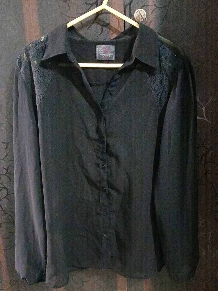 Chic Black Lace Detail Collared Shirt