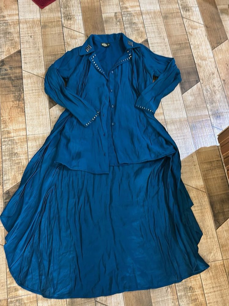 Bohemian Teal Kurta Set with Embellished Collar
