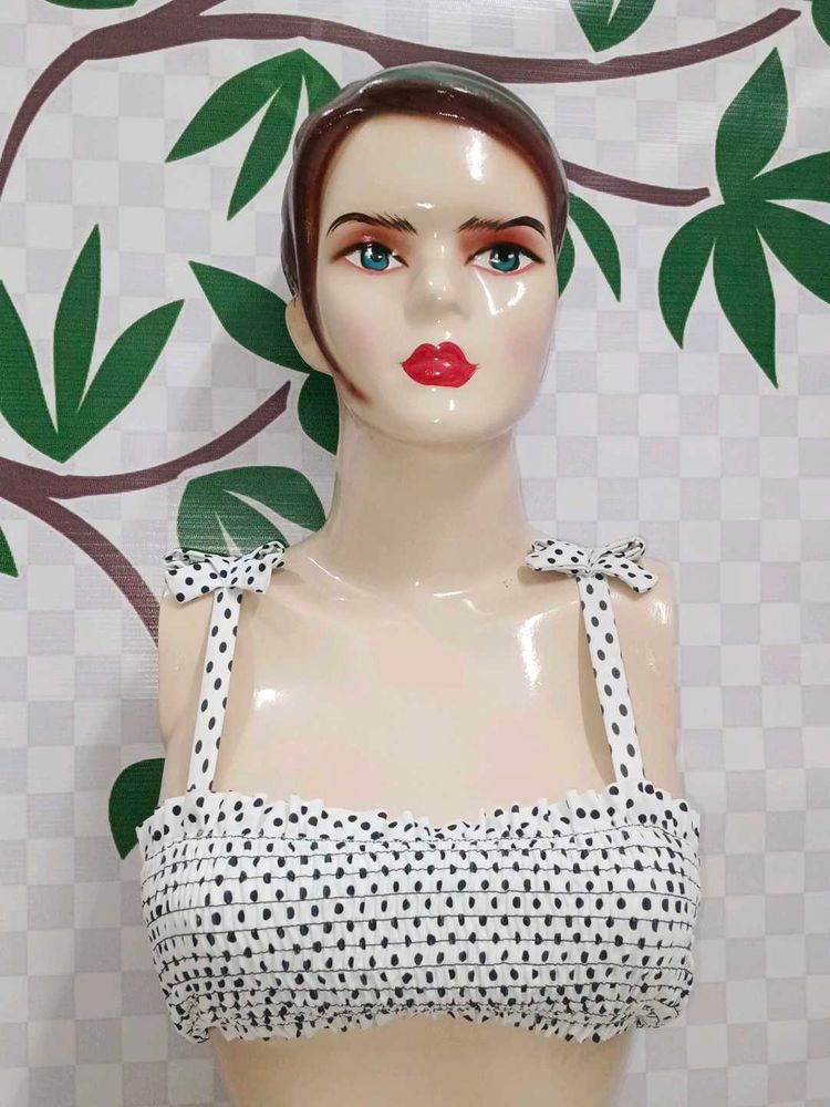 (1200)Polka Dot Tie Strap Crop Top