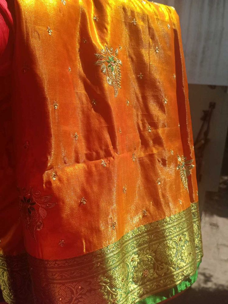 shalu mango colour orenge green border and stone w