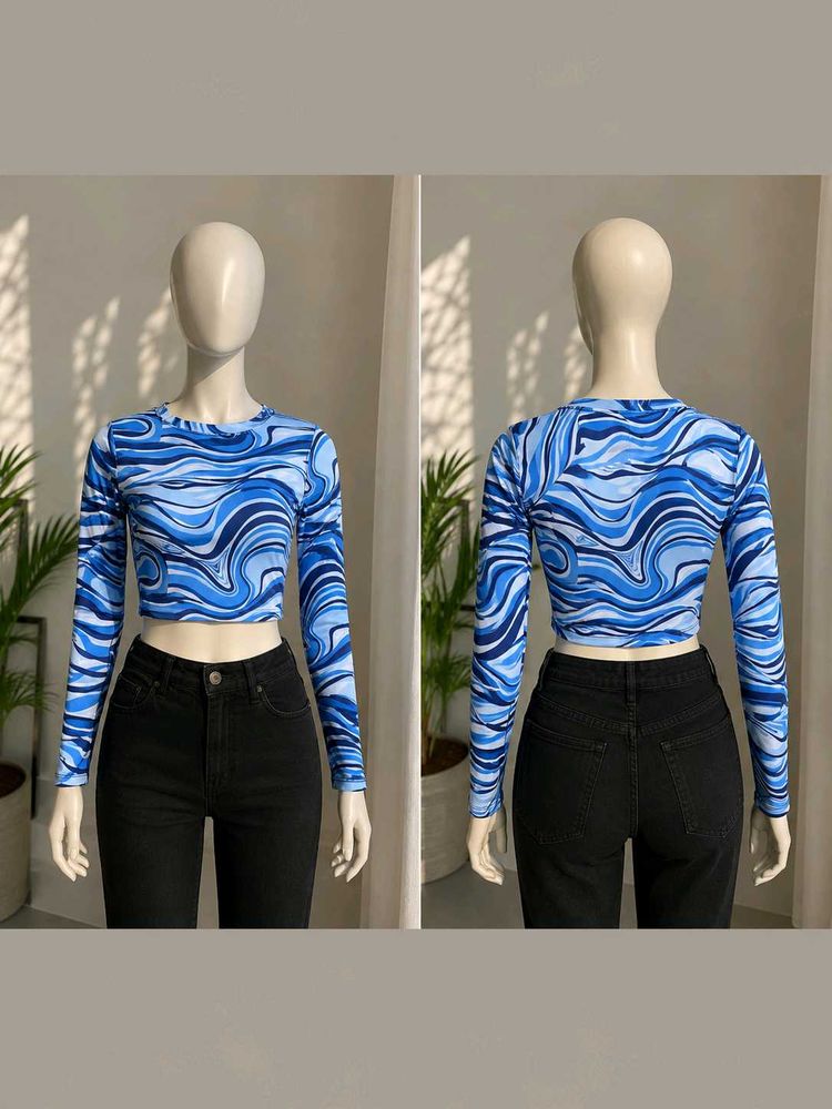 Blue Swirl Print Long Sleeve Crop Top