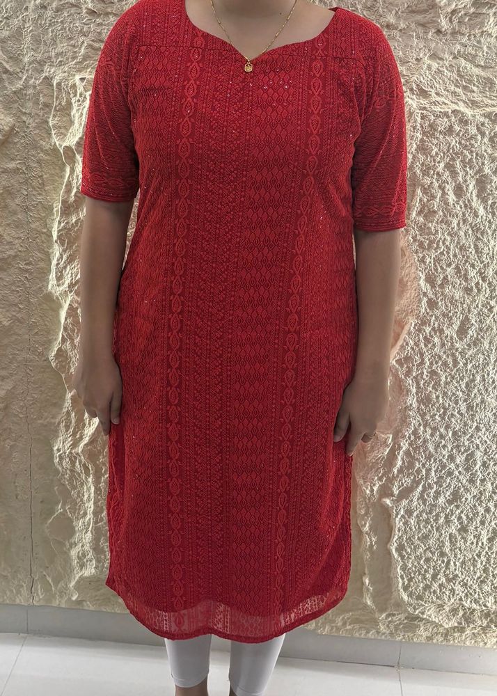 Red Embroidered Kurta