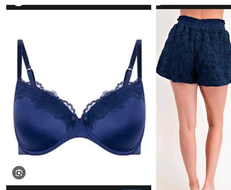 Elegant Blue Lace Trim Bra with shorts