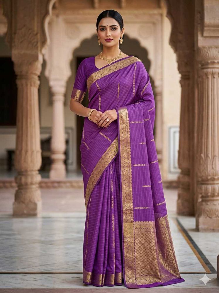 Elegant Purple Saree with blouse in Golden Border