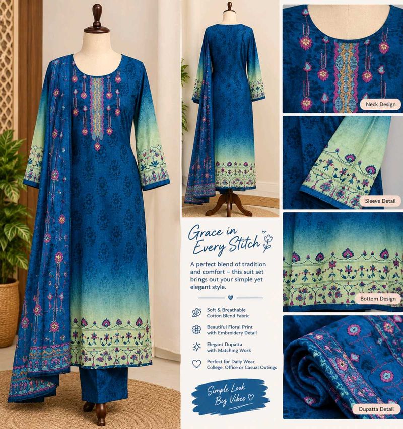 Beautiful Blue &amp; Sea Green Printed Cotton Suit Set