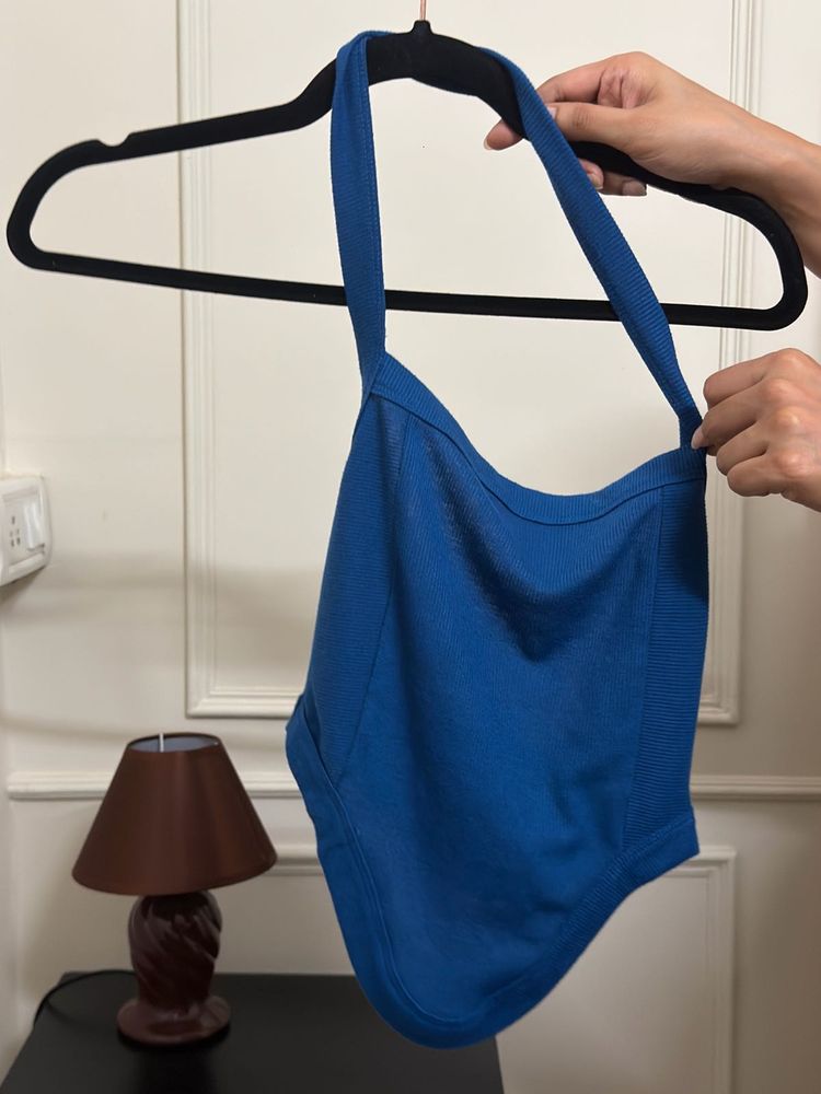Blue Halter Neck Knit Top