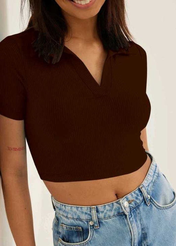 Brown Ribbed Cropped Polo Top