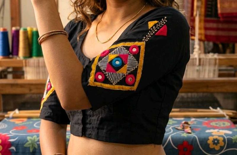Embellished Black Cotton Blouse