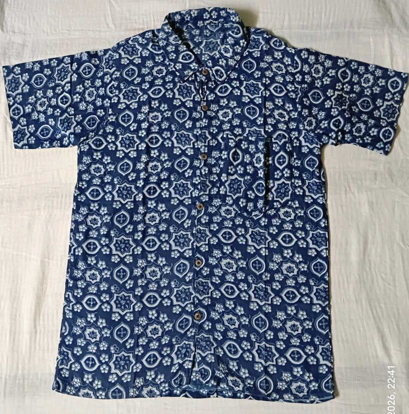 Men's Blue Printed Short Sleeve Shirt