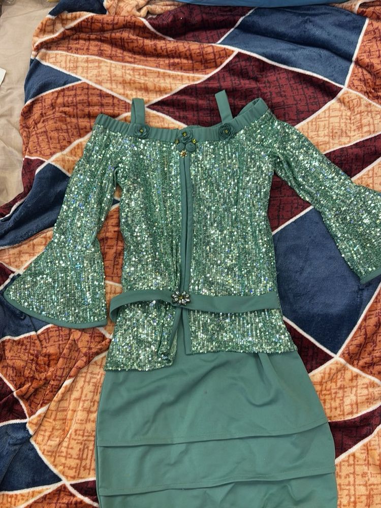 Sparkling Green Off-Shoulder Gown for kids