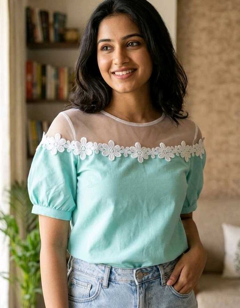 Aqua Blue Off-Shoulder Top with Lace Detail