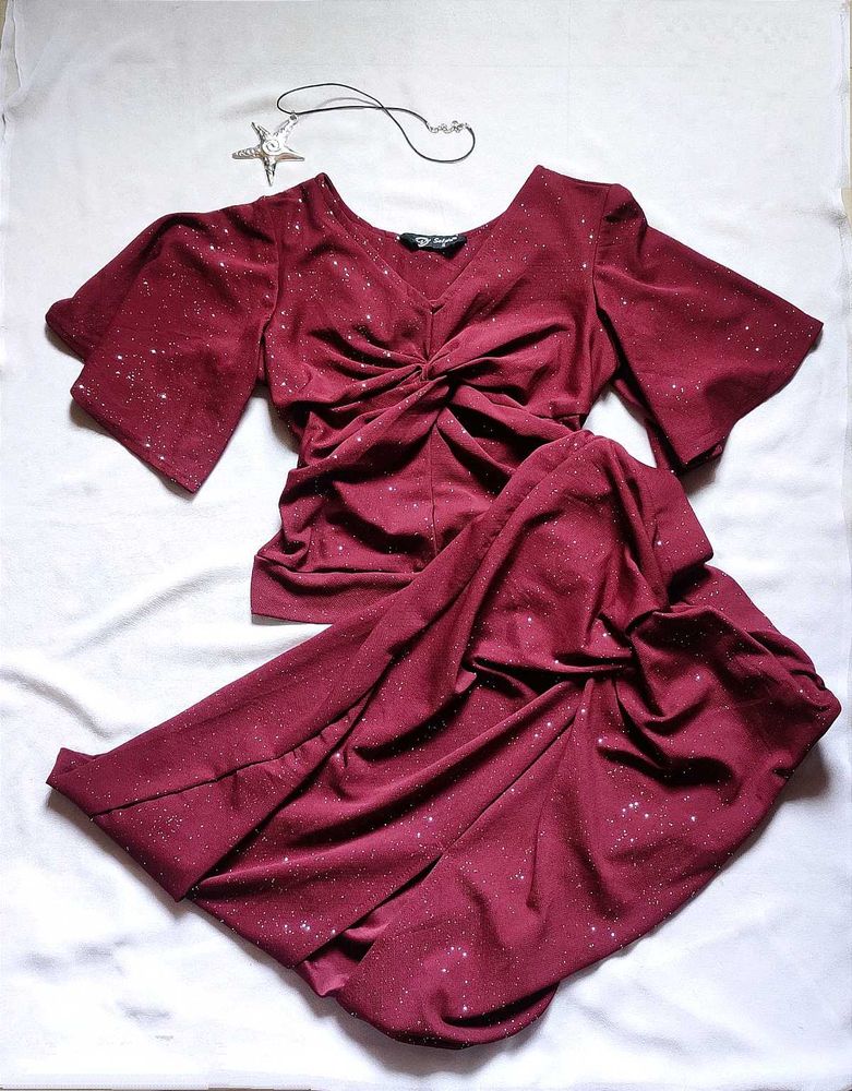 Sparkly Maroon Bell Sleeve Twist Top with skirt