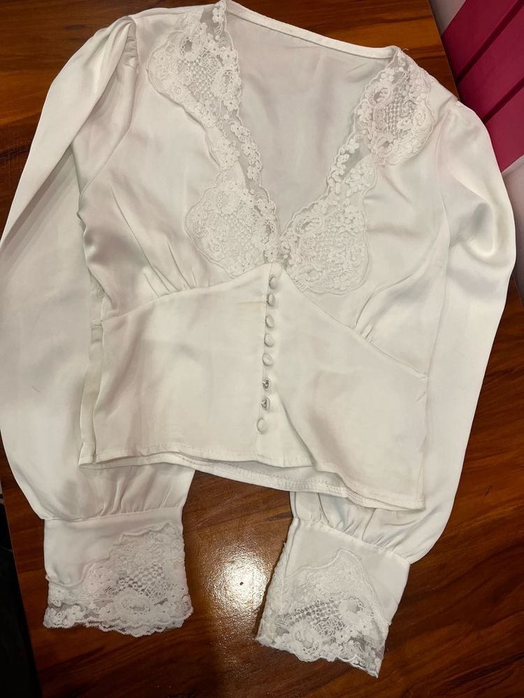 Elegant White Lace Trim Blouse
