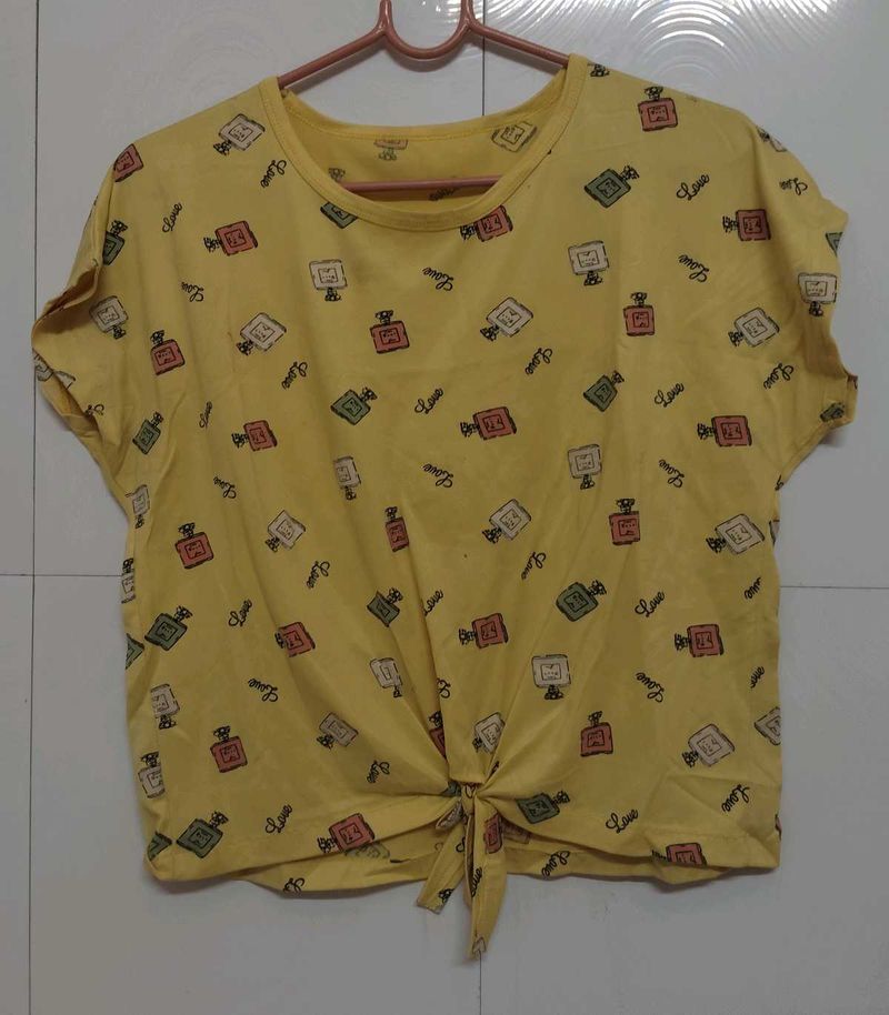 Cute Yellow Perfume Bottle Print Crop Top